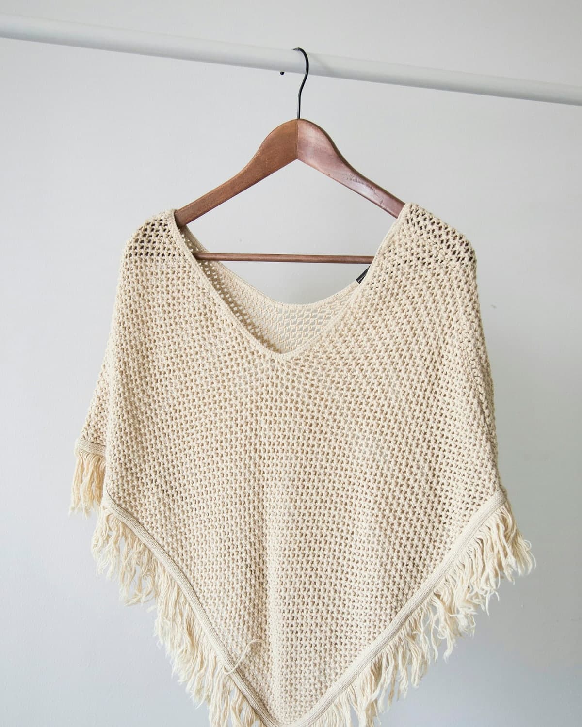 Zara Fringed Knit Poncho in Cream