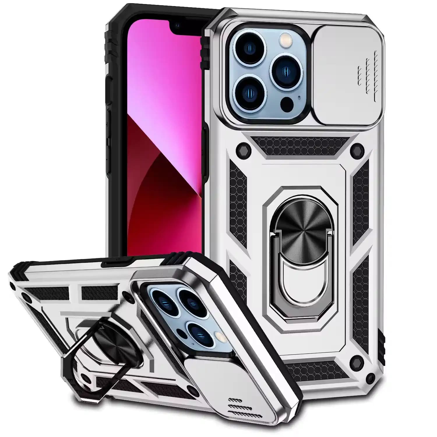 Defend Case Hybrid Armour PC 360 Degree Magnetic Kickstand for Iphone 13 Pro Max - Silver - image 1