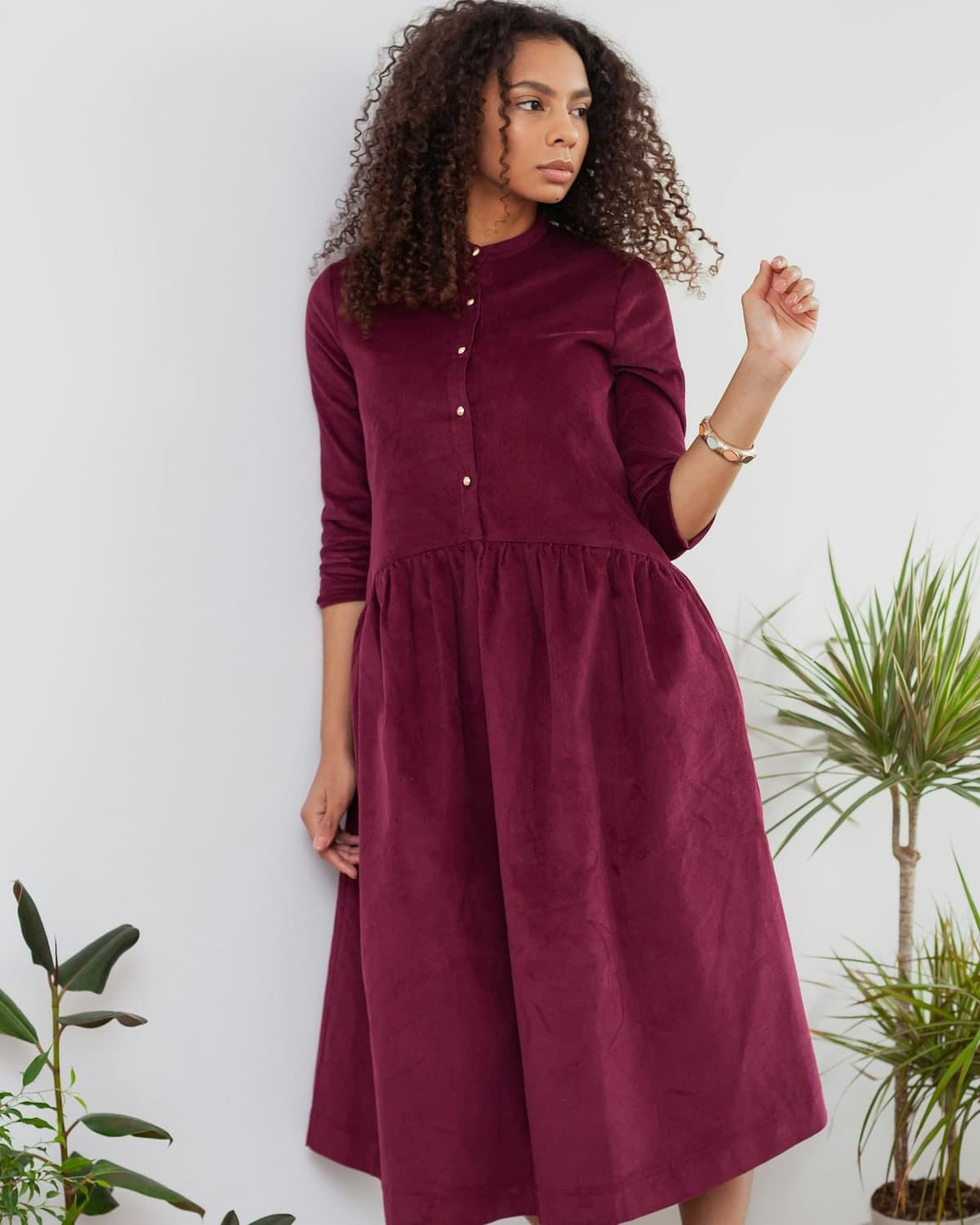 Hina Button-Through Shirt Dress in Burgundy