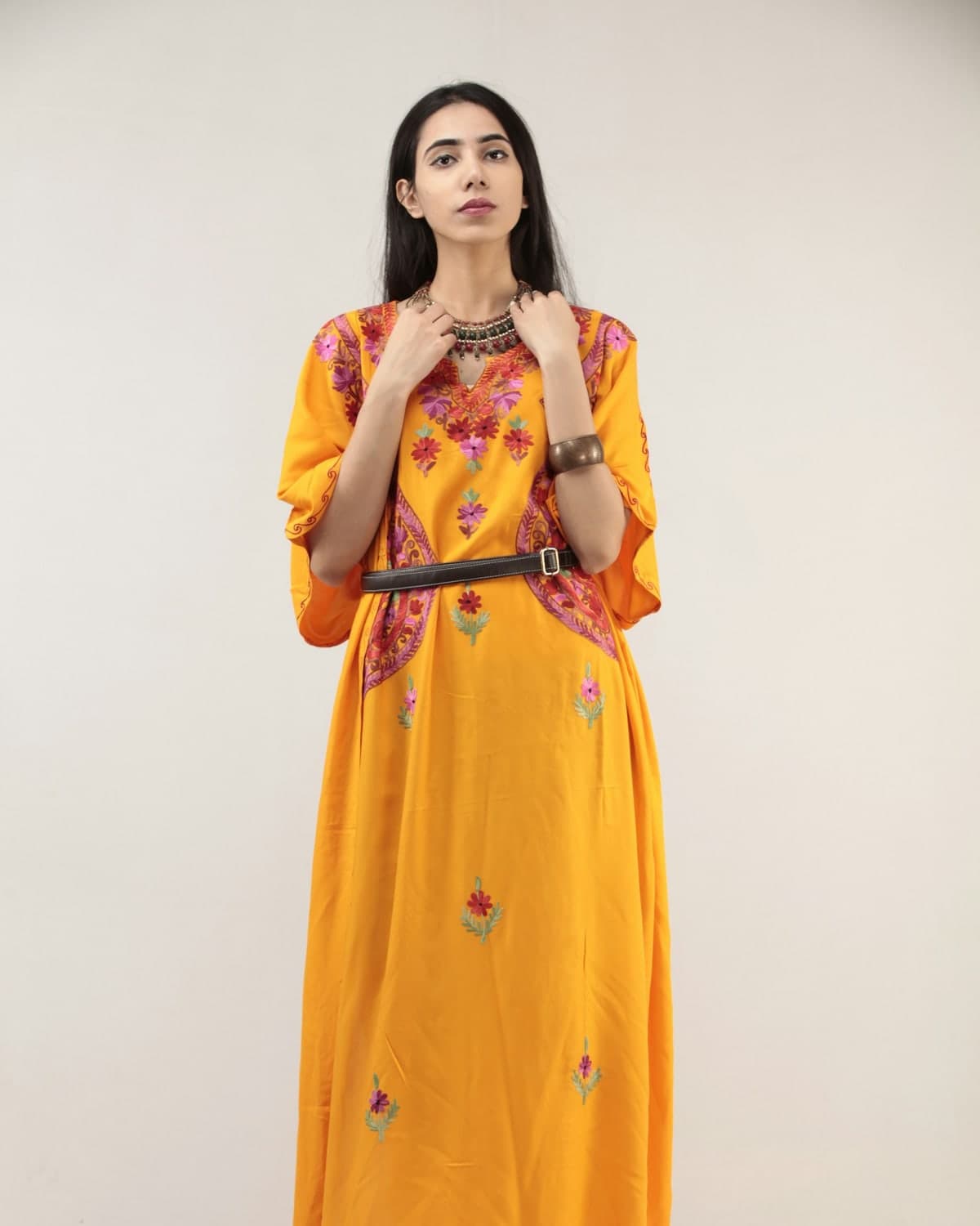 Zohra Embroidered Kaftan in Saffron