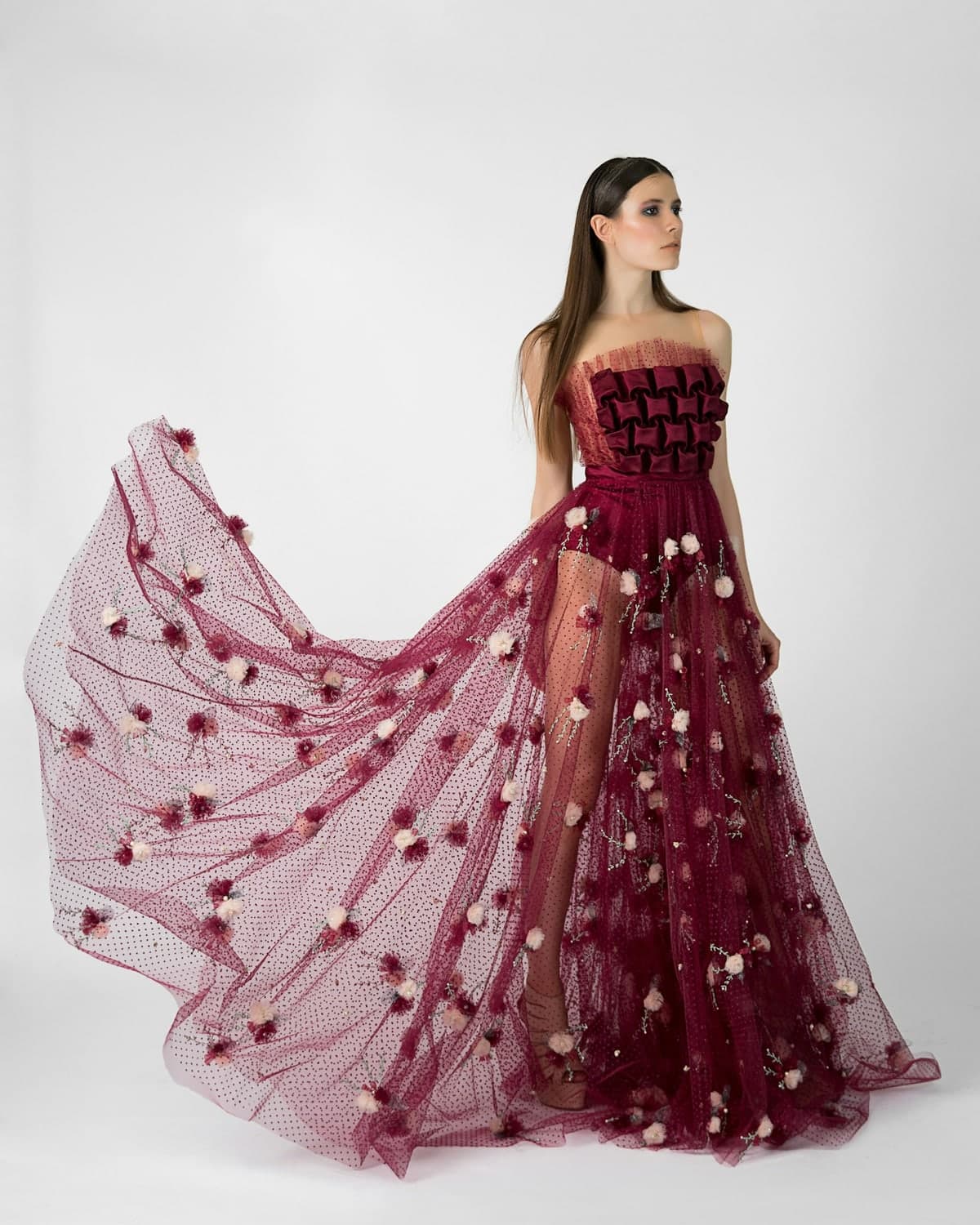 Sana Embellished Tulle Gown in Wine